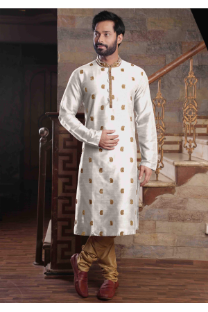 White with Gold printed Color Silk Kurta Set